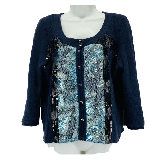 Free People Women’s Size L Angora Rabbit Wool Blend Cardigan Sweater Sequin Blue - Picture 1 of 15